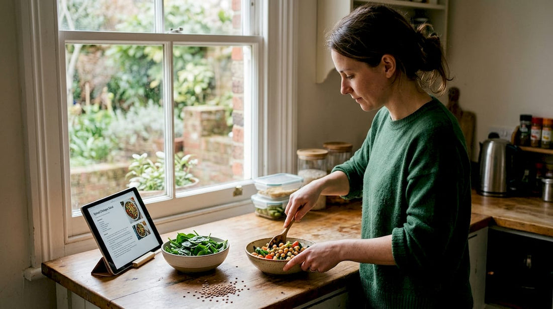 Woman making plant protein salad in UK kitchen