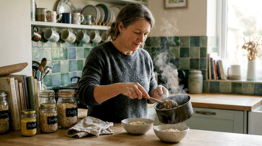 Woman serving ancient grain porridge in kitchen