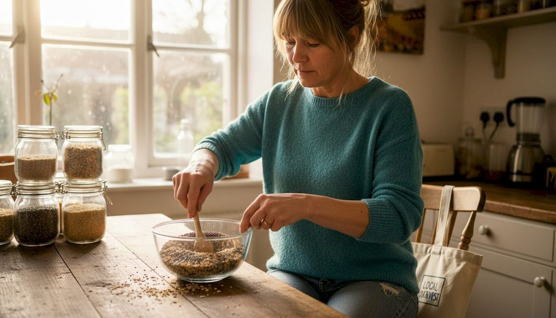 Woman preparing ancient grains in home kitchen