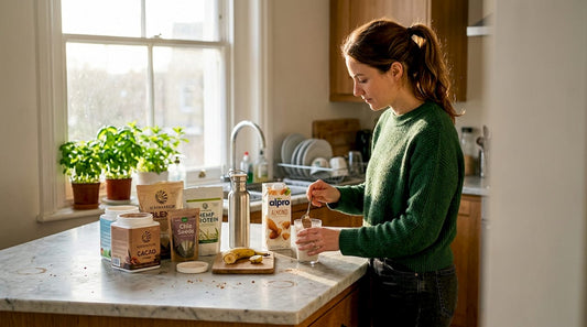 Woman blending plant protein in kitchen