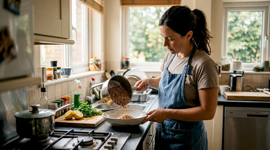 Preparing ancient grain salad in home kitchen