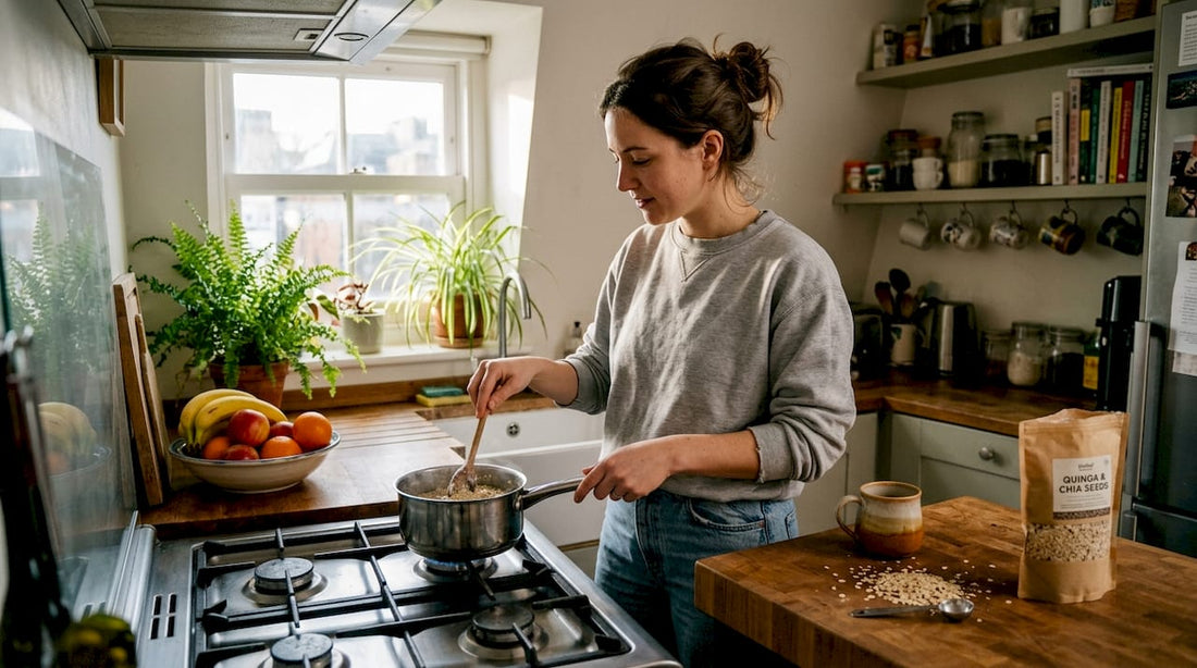 Woman preparing plant-based breakfast in kitchen