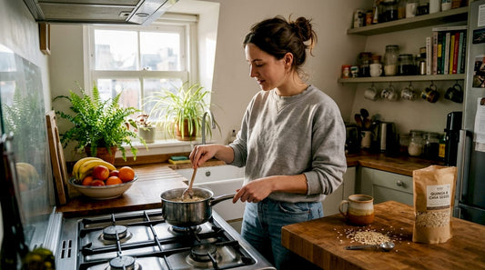 Woman preparing plant-based breakfast in kitchen