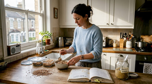 Woman meal prepping ancient grains in kitchen