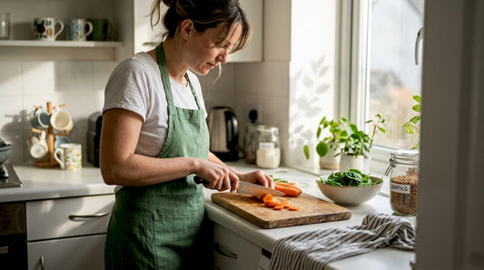 Woman preparing vegetables at sunlit kitchen counter