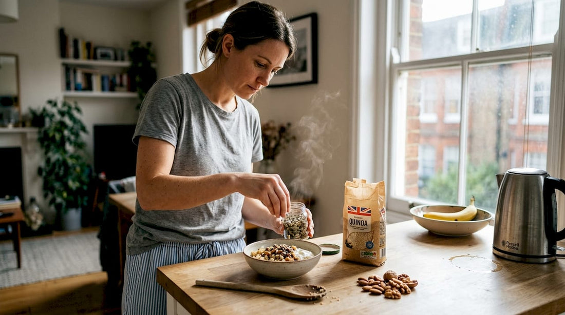 Woman assembling homemade quinoa breakfast bowl