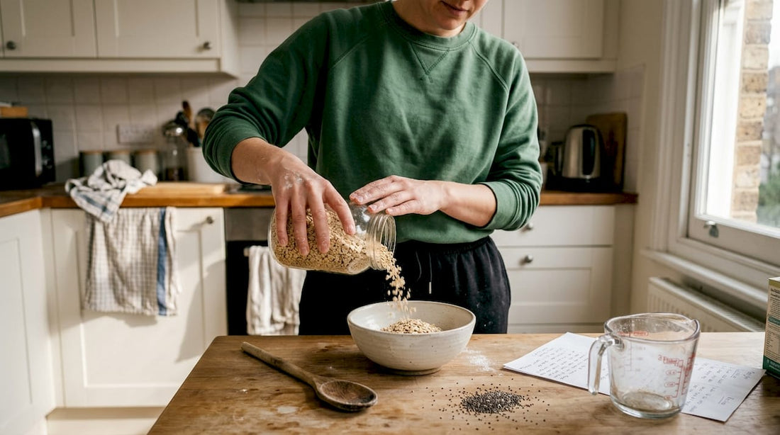 Woman preparing vegan protein oatmeal in kitchen
