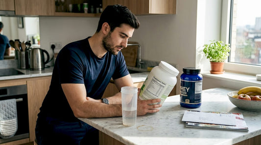 Man comparing vegan and whey protein tubs