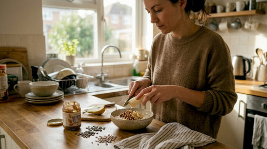 Woman preparing vegan porridge with toppings