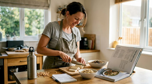 Woman prepping plant protein foods in kitchen