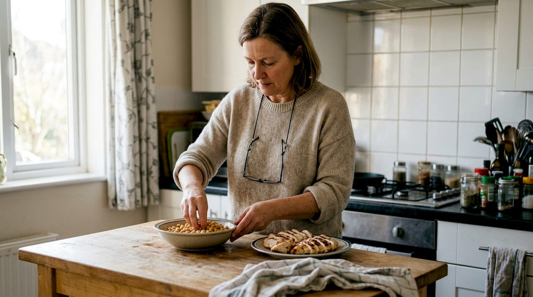 Woman preparing plant and animal protein foods