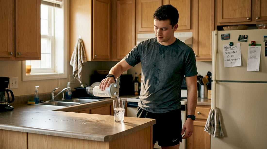 Man pours plant protein water at kitchen