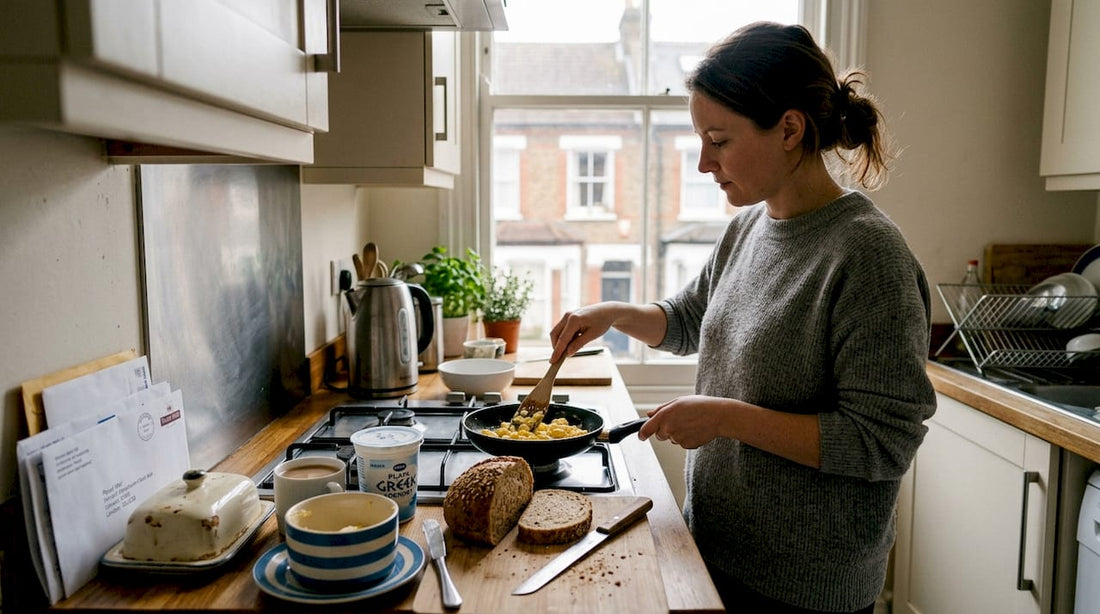 Woman making high-protein breakfast in kitchen