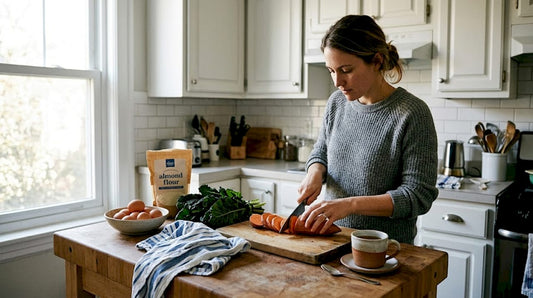Woman prepares grain-free meal in home kitchen