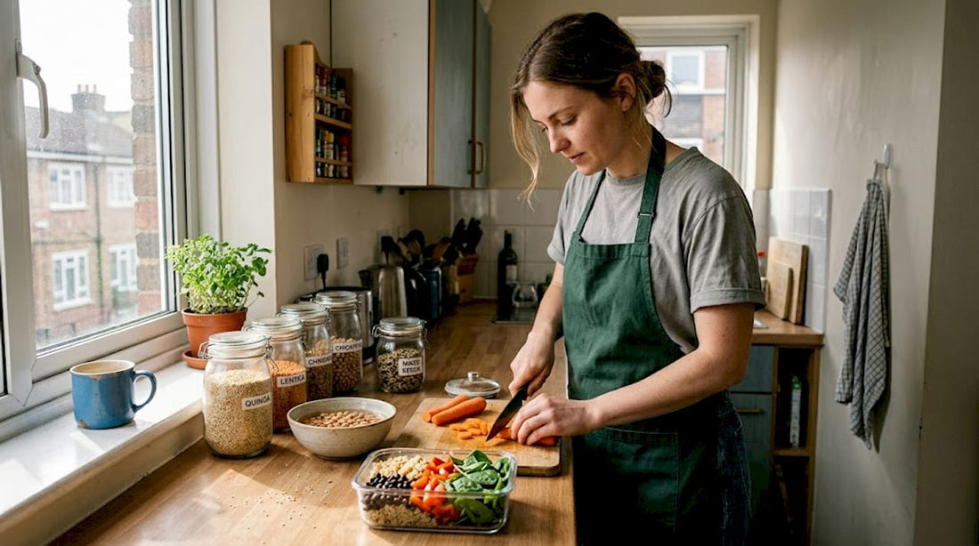 Woman meal prepping vegan, high-fibre foods