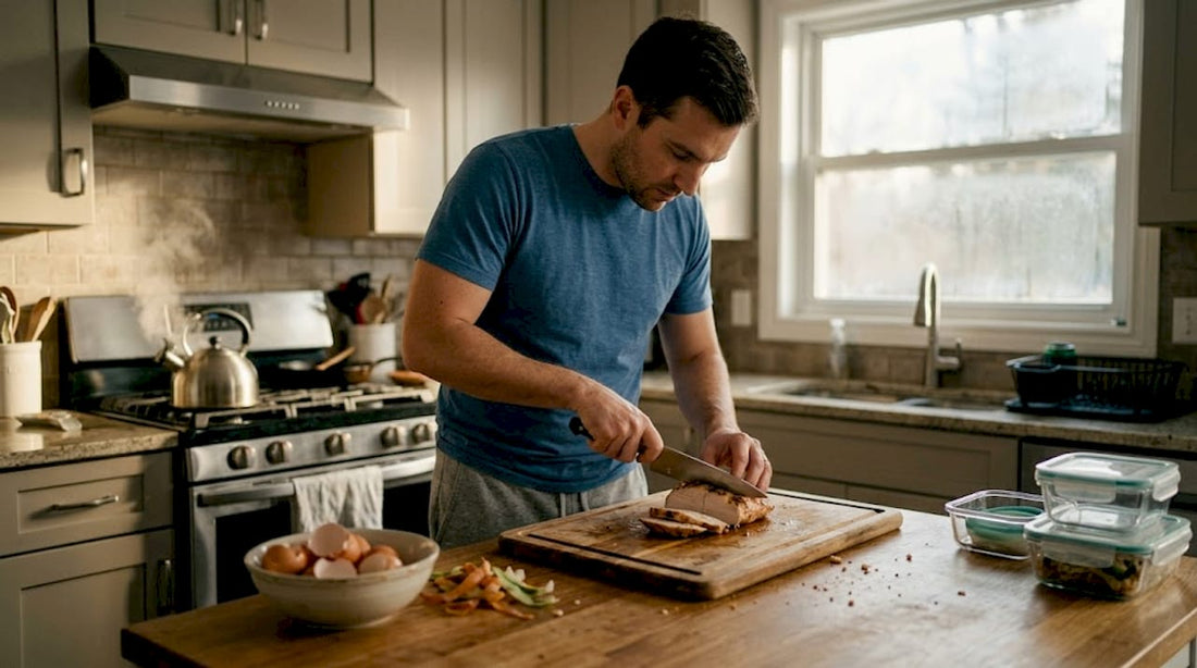 Man slicing turkey breast in bright morning kitchen