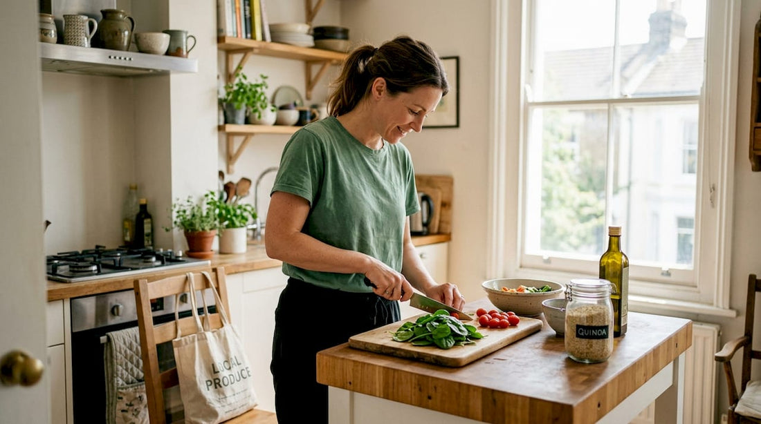 Woman preparing nutrient dense salad in kitchen