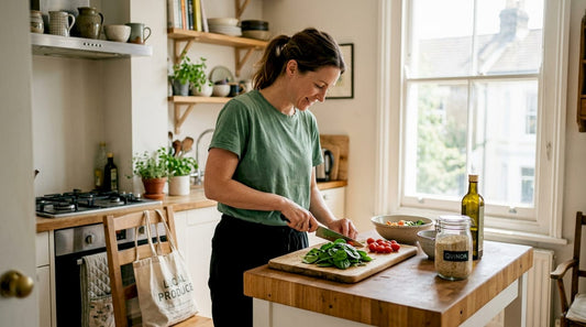 Woman preparing nutrient dense salad in kitchen