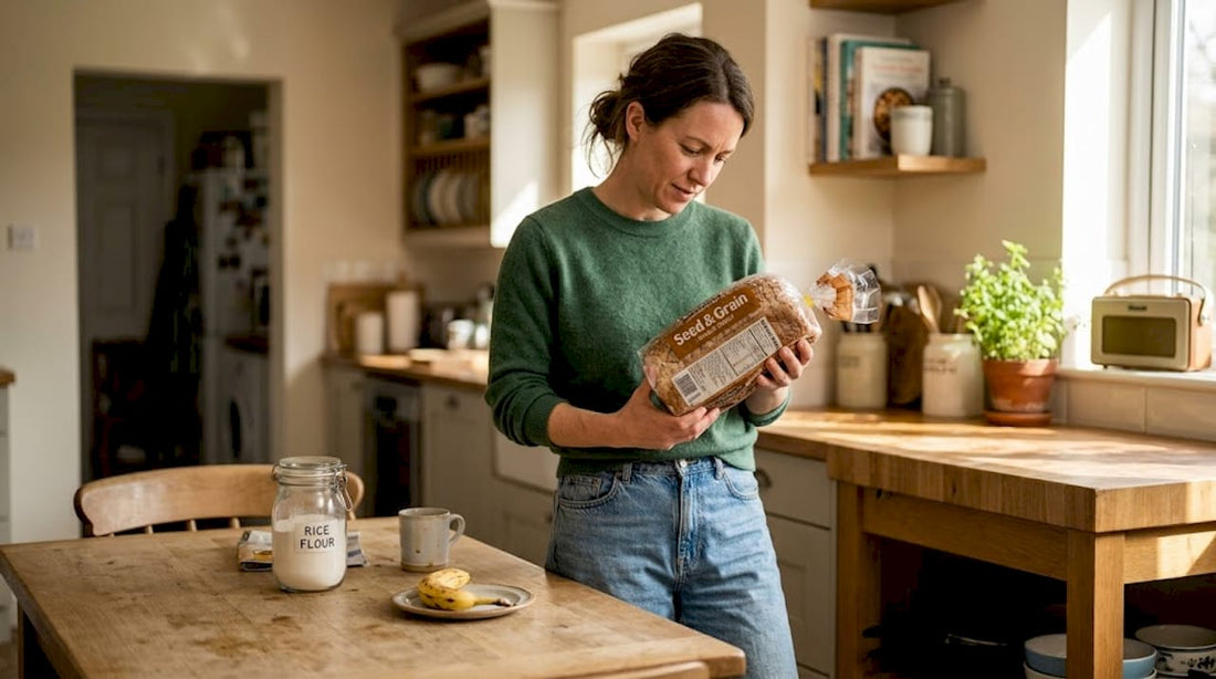 Woman reading bread ingredients in home kitchen