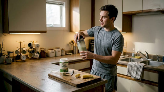Athlete making plant protein shake in kitchen