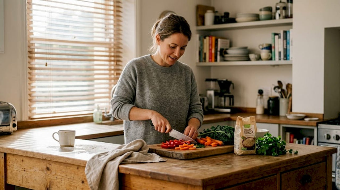 Woman preparing plant-based meal in kitchen