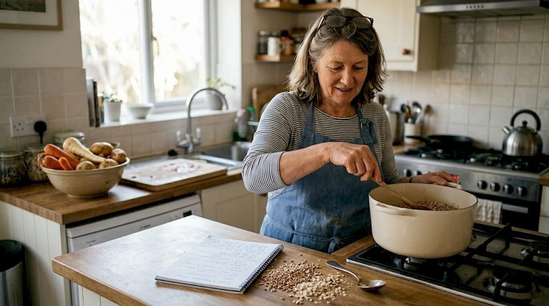 Woman cooking wholegrain dish in bright kitchen