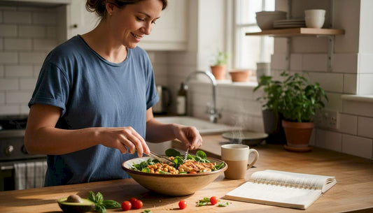 Woman making protein-rich meal at kitchen counter