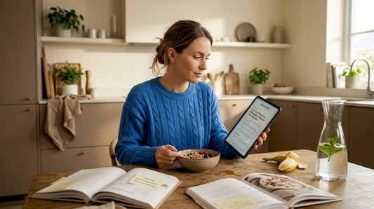 Woman reading tablet at breakfast table