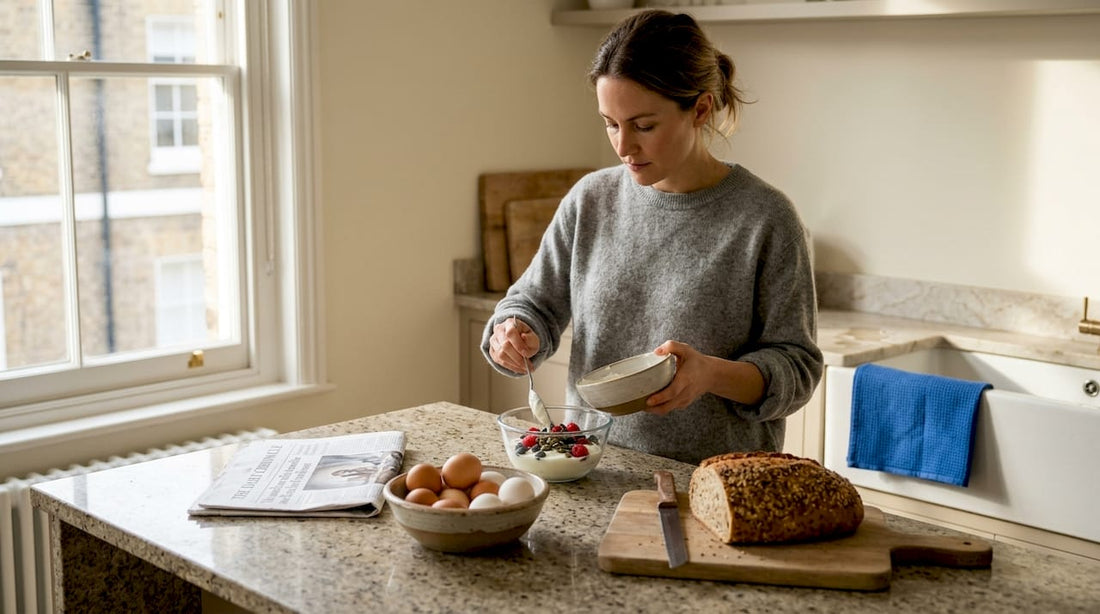 Woman preparing high-protein breakfast in UK kitchen