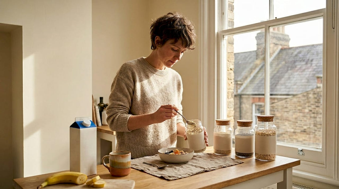 Woman preparing ancient grain breakfast in bright kitchen