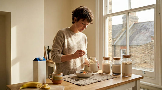 Woman preparing ancient grain breakfast in bright kitchen