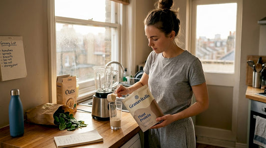 Woman preparing plant protein shake in kitchen