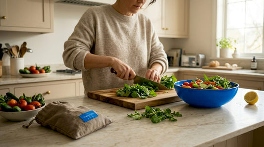 Woman preparing salad in a bright kitchen