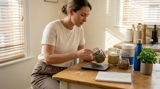Woman prepping vegan protein foods at kitchen table