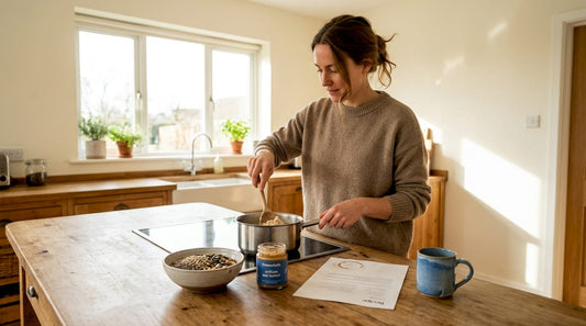 Woman stirring oatmeal in sunny kitchen