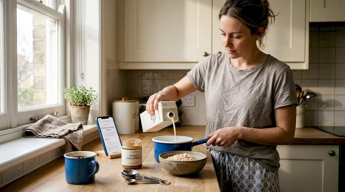 Woman prepping oatmeal with soy milk in kitchen