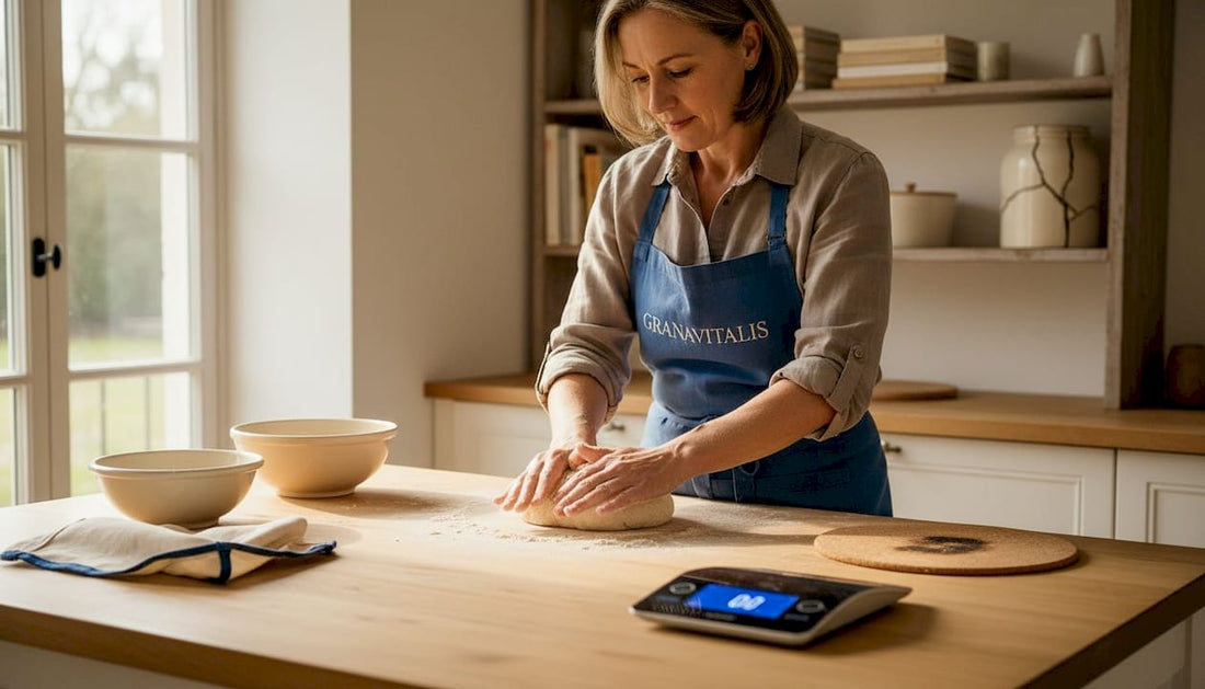 Home baker working with wholegrain flour dough