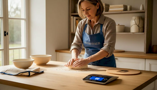Home baker working with wholegrain flour dough