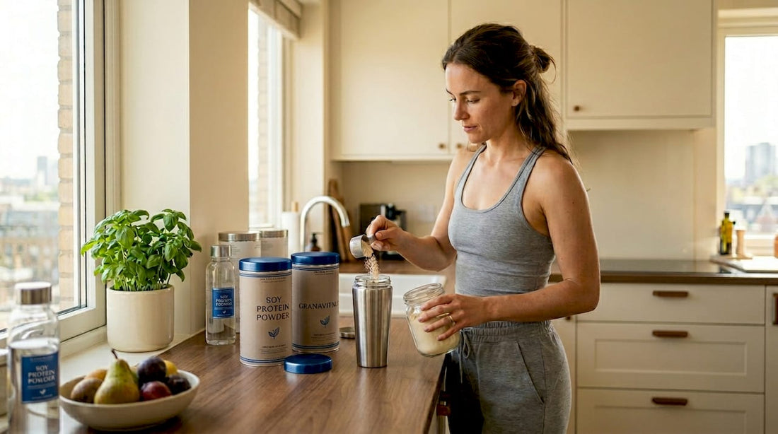 Woman preparing soy protein shake in kitchen