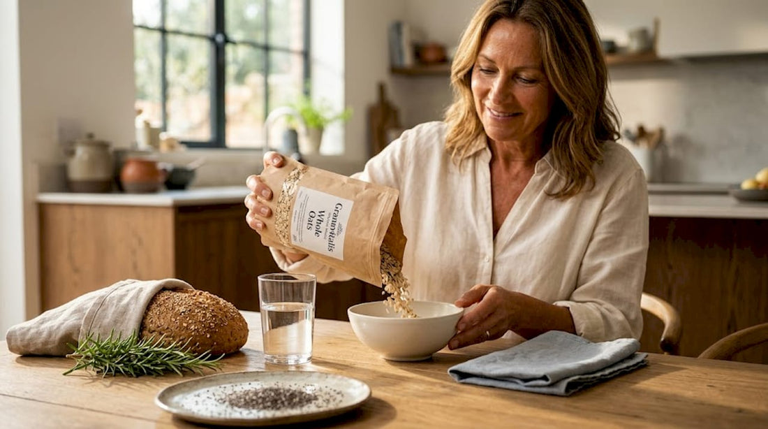 Woman pouring oats at kitchen table