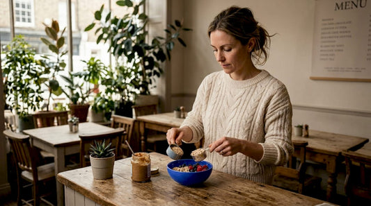 Woman preparing plant-protein breakfast in home kitchen