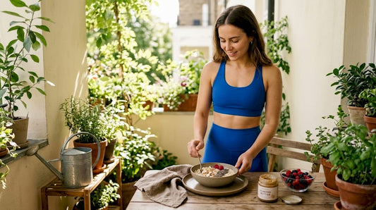 Woman making plant protein breakfast kitchen