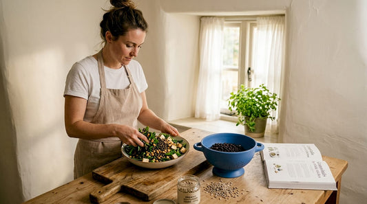 Preparing vegan protein foods in kitchen