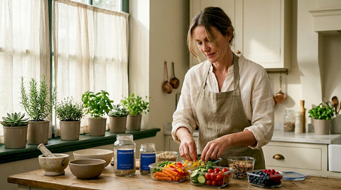 Woman preparing wholefood meal in bright kitchen