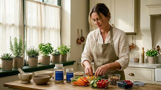 Woman preparing wholefood meal in bright kitchen