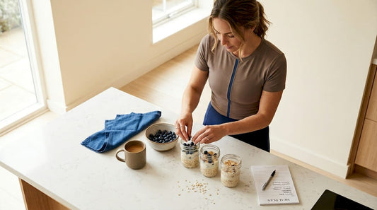 Woman prepping healthy breakfast jars in kitchen