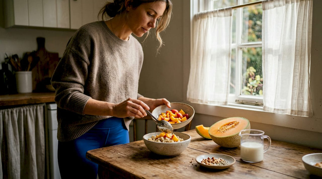 Woman preparing wholegrain breakfast in home kitchen