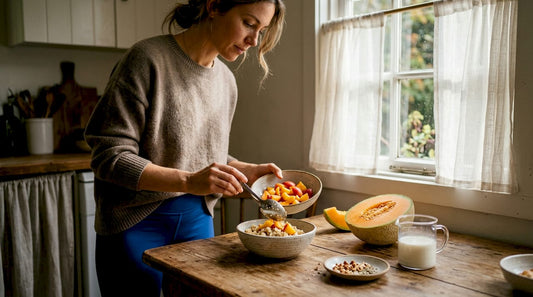 Woman preparing wholegrain breakfast in home kitchen
