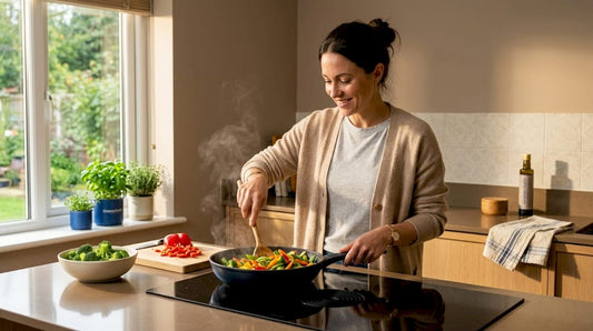Woman preparing nutrient-rich meal in kitchen