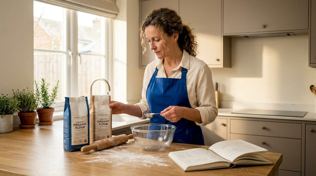Home baker reading flour labels in kitchen
